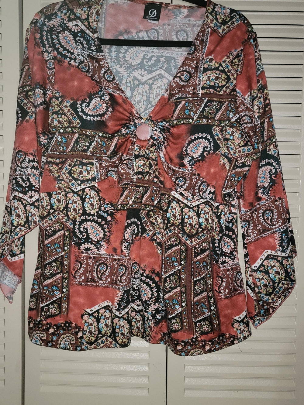SD Collection Rust and Black Paisley Knot-Front Blouse